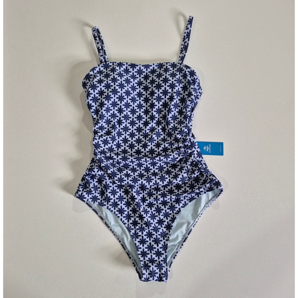 Cupshe Women Blue White Geometric Daisy Print Ruched One Piece Swimsuit NWT